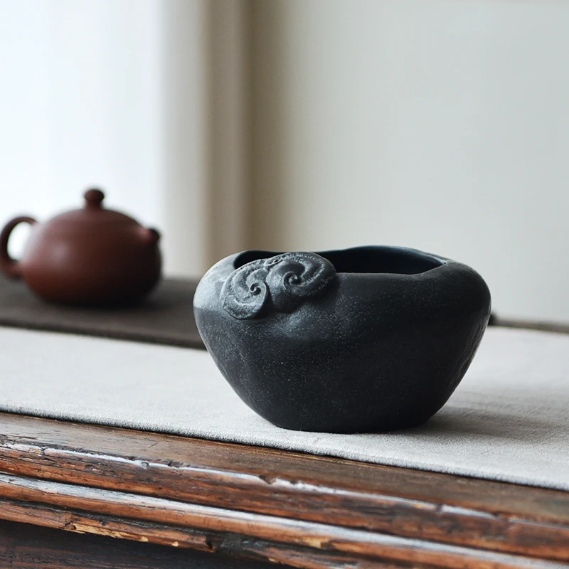 Black Golden Stone Pot Handcrafted Natural Basalt Stone Basin Zen Home Garden Decor Gift for Tea Lovers Tea Room Tea Wash 600ml