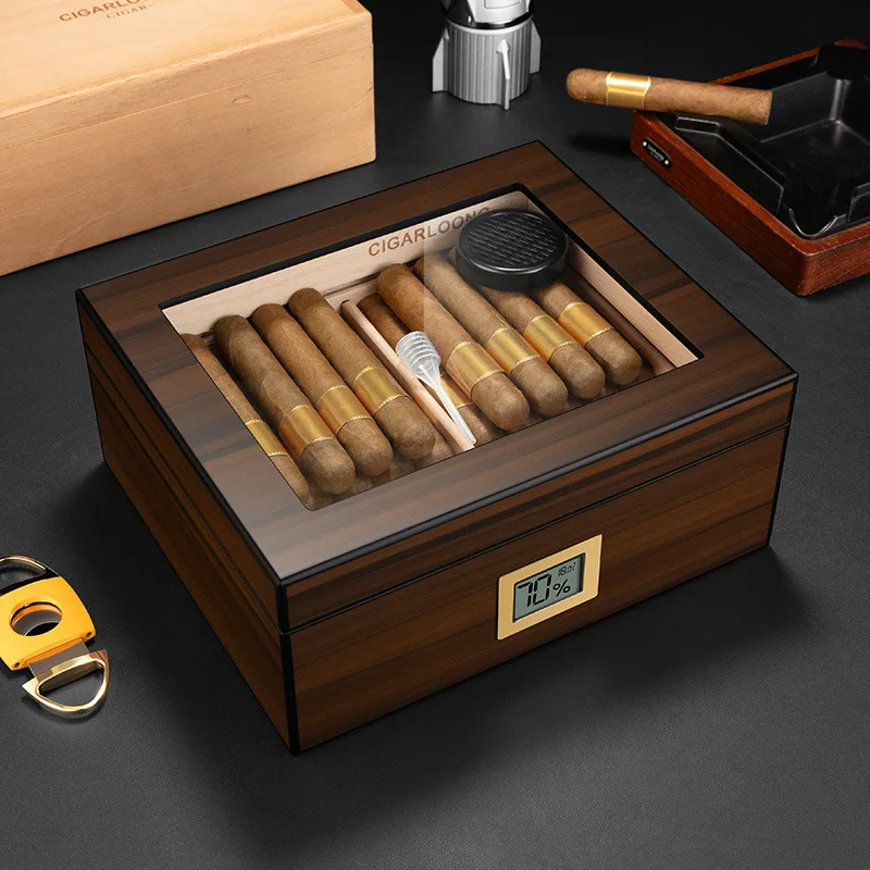 Spanish Cedar Cigar Humidor Large Capacity Double Layer High Transparency Window Hygrometer Humidifier Cigar Storage Box