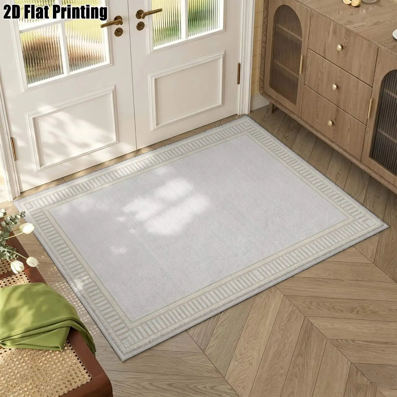 1Pc 2D Printed Carpet: Light Gray Geometric Border, Modern Simple, for Instagram Decor Multiple Sizes, Machine Washable, Fits Entryway, Dining Room, Foyer, Bedroom, Study, Living Room.