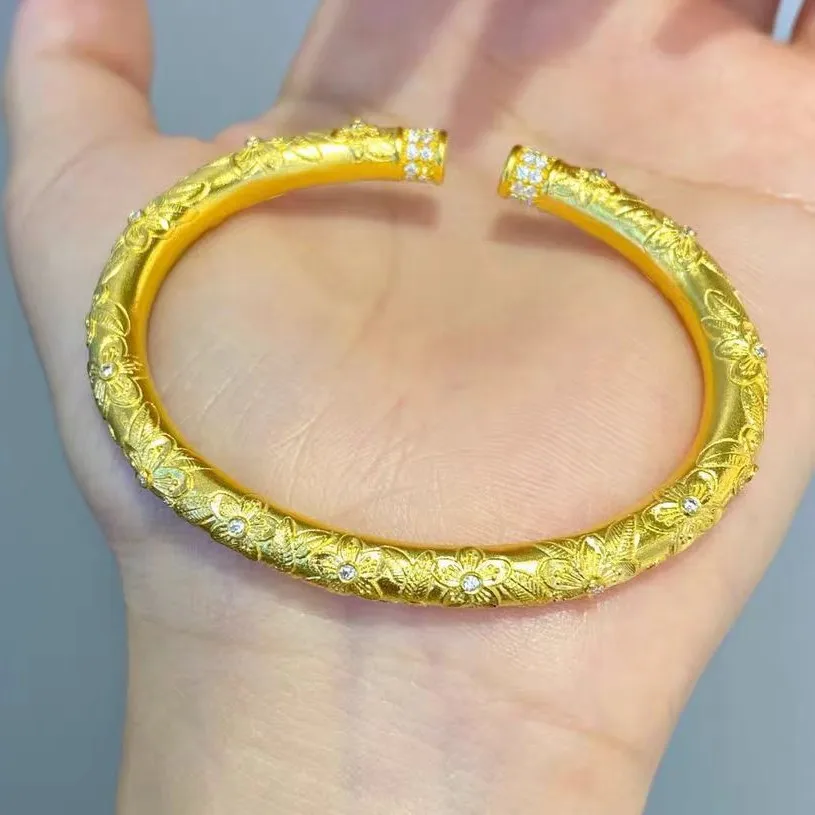 

Women's 24K Gold (AU999) Diamond Accent Sakura Open Cuff | Faceted Sakura Cuff, Filigree Branch Border with Rose Quartz Stamen