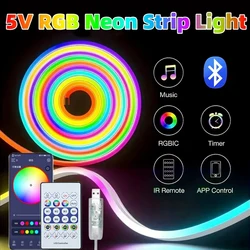 5V Dream Color RGBIC Neon LED Strip USB Powered Bluetooth APP Music Sync Rope Light for Party, Christmas, Bedroom Ambient Lamp