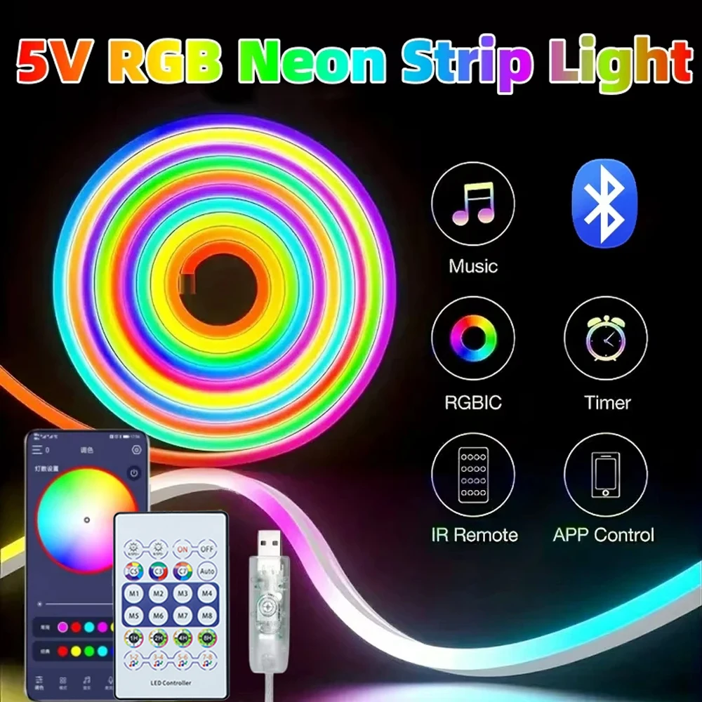 5V Dream Color RGBIC Neon LED Strip USB Powered Bluetooth APP Music Sync Rope Light for Party, Christmas, Bedroom Ambient Lamp