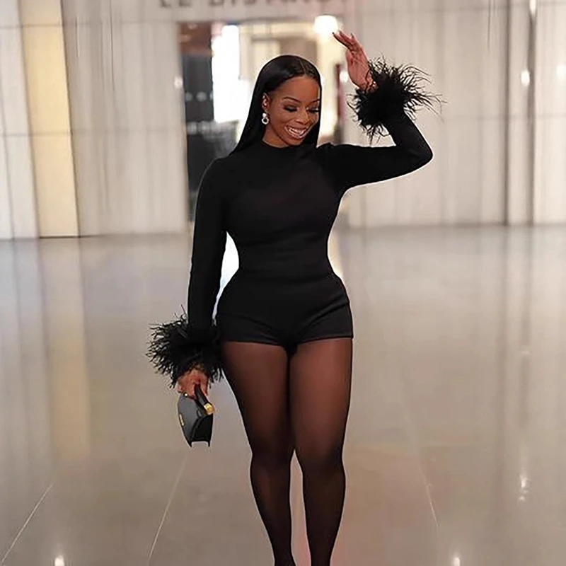 

Стильный женский комбинезон с открытой спиной и перьями, весна 2026, с длинным рукавом, круглым вырезом, облегающий, сексуальный, для клуба и вечеринок, черный, цельный.