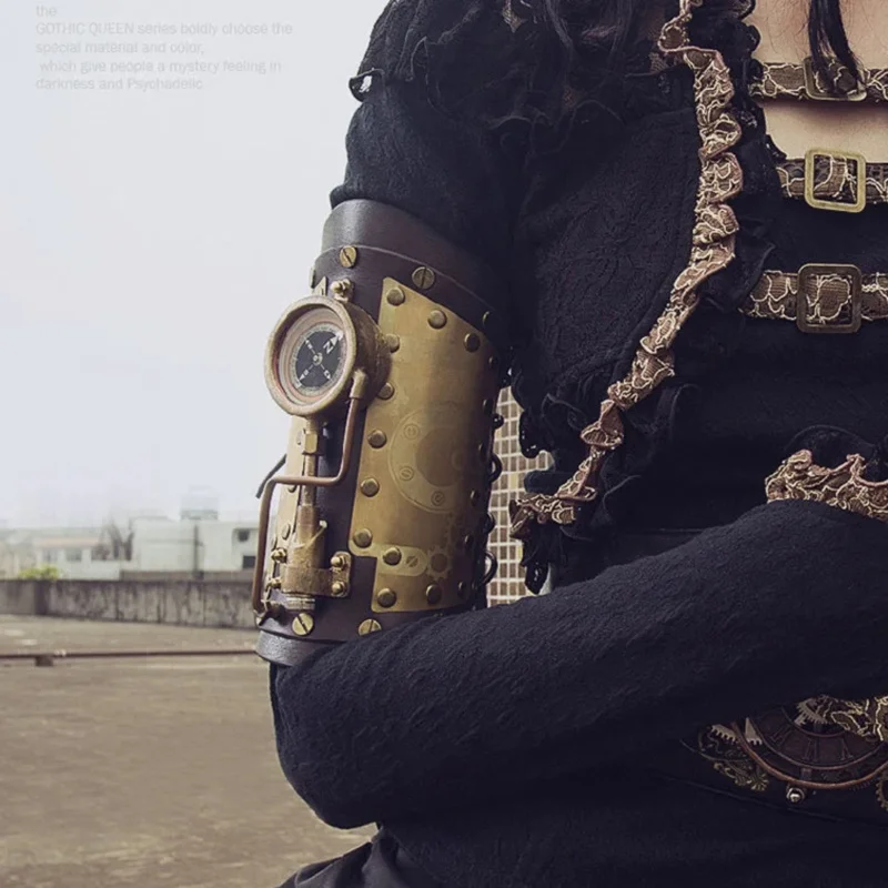 Steampunk Arm Sleeve Cosplay Anime Accessories Armor Gear Mechanical Compass Metal Leather Prop Costumes for Woman Role Playing