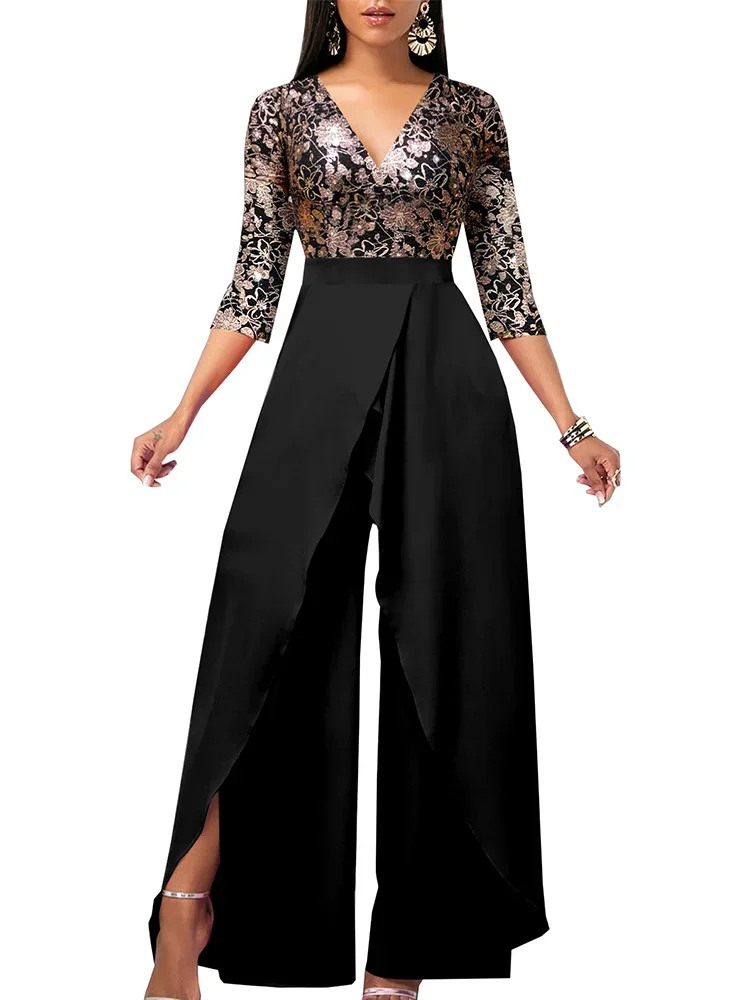 Sets Outifits 2023 New Gilded Floral V-neck Loose Fitting Jumpsuit of One Fashion Casual Pieces for Women Elegant Female