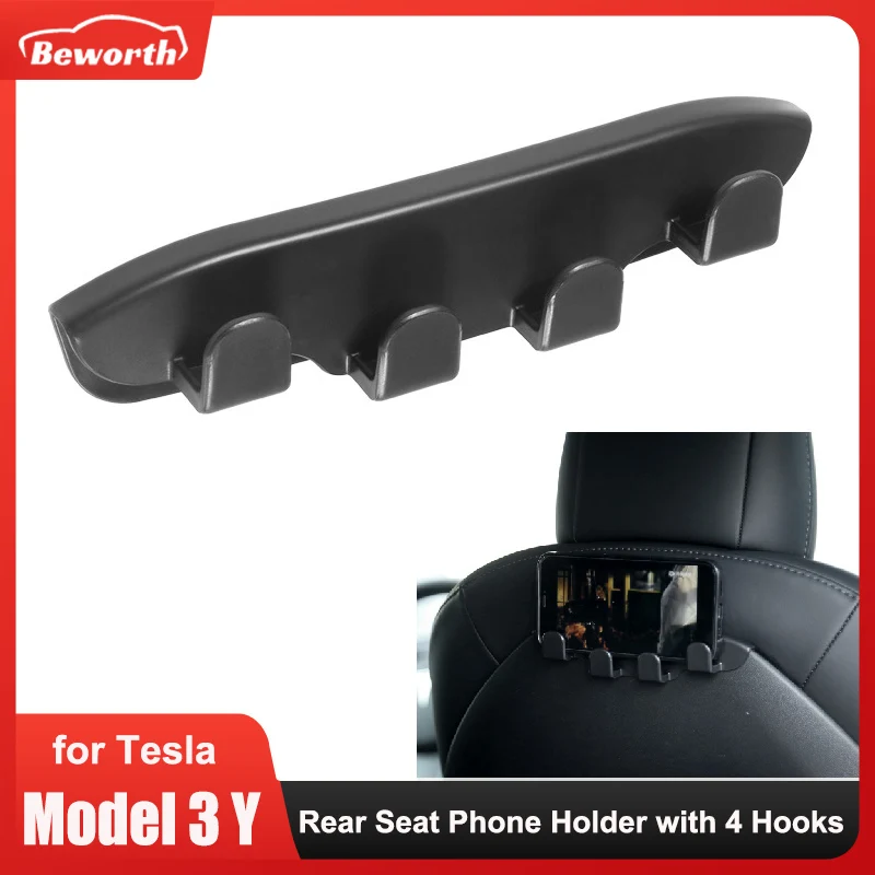 Car Rear Seat Phone Holder for Tesla Model 3/Y Back Seater Headrest Bracket Hanger with 4 Hooks Bag Organizer Car Accessories