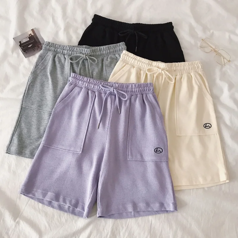 Streetwear shorts mulheres de fitness coreano verão mulher cintura alta perna larga bordado harajuku elástico feminino shorts bolso