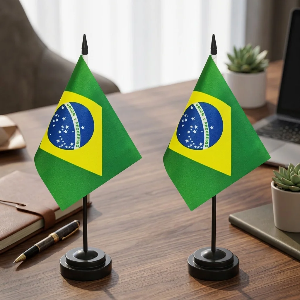 2pcs Brazilian Table Flag 14x21cm Mini Flags with Black Plastic Stand Base, Ideal for Office Desk, Business Meetings Decor