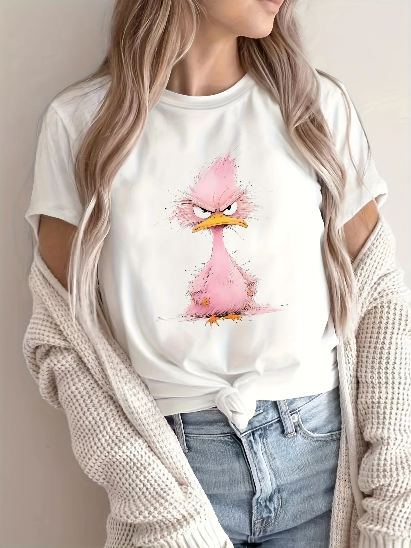 Women's Cartoon Birdie Print T-Shirt Soft Pink & White Crew Neck Sleeve Summer Short Sleeved Harajuku Streetwear Tops Tees