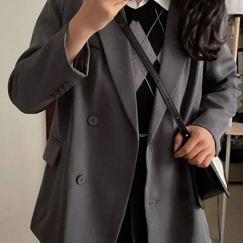 Dopaminergic Wear with A Big All-match Grey Suit Jacket Female Autumn Dress Small Senior Sense of Lazy Wind Korean Tide Blazers