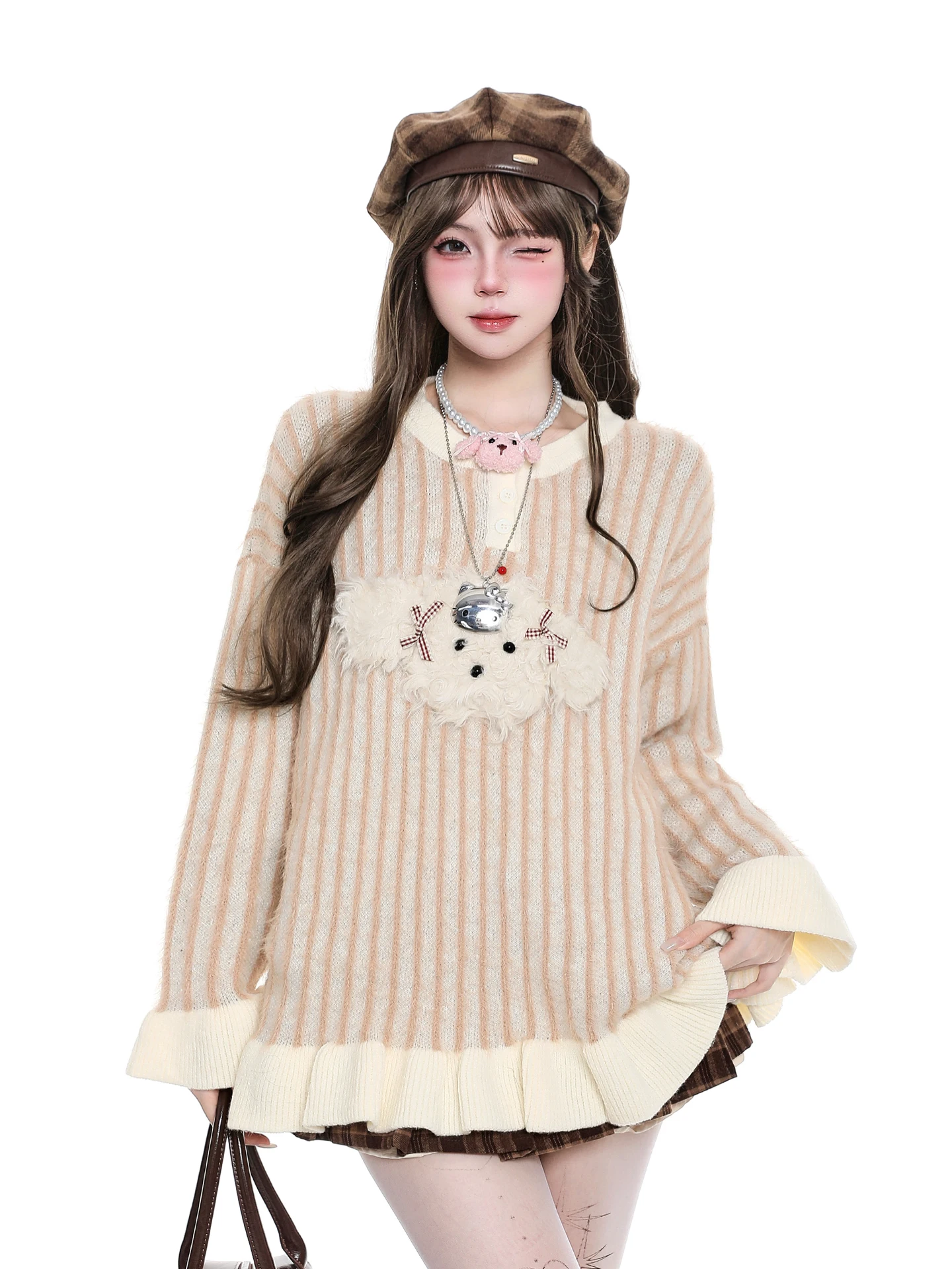 Korean Design Dog Embroidery Striped Sweater Women's Lazy High-End Loose Casual Knitted Shirt Sweet Style Autumn Warmth