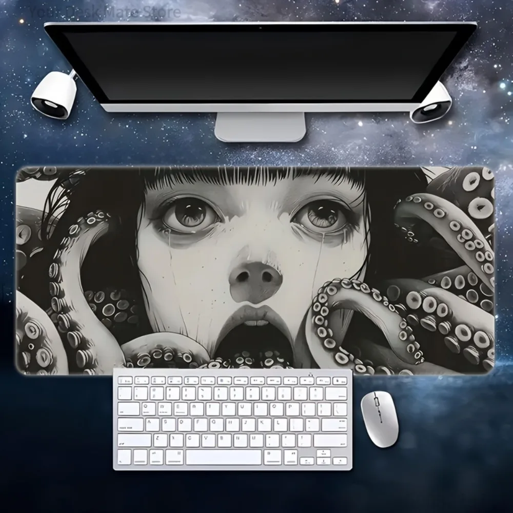 Tapis de souris de jeu avec un design de fille-poulpe d'anime - bords cousus durables, accessoires de bureau pour ordinateur, tapis de souris de jeu, tapis de souris de grande taille