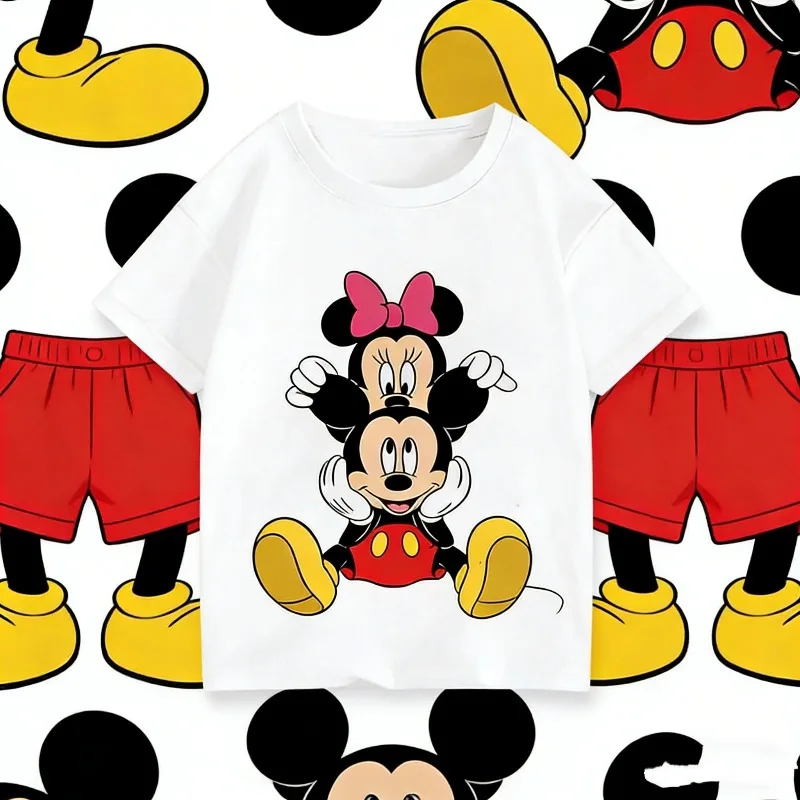 2025-26 الصيف الكرتون ديزني الاطفال الفتيان الفتيات الأطفال ميكي ماوس 100% القطن تي شيرت مطبوع الملابس Kawaii ميني طفل