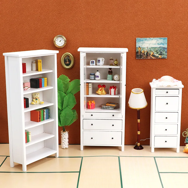 1:12 Miniature Scene White Bookcase Glass Cabinet Chest of Drawers Ob11 Bjd Doll House Accessories Creative Exquisite Toys