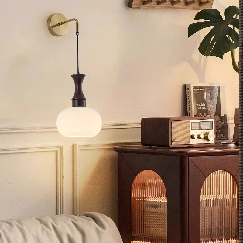 

SANDYHA Japanese Retro Wooden Wall Lamp Bedroom Bedside Light Living Room Decor Glass Lampshade Dining Table Lighting Home Decor