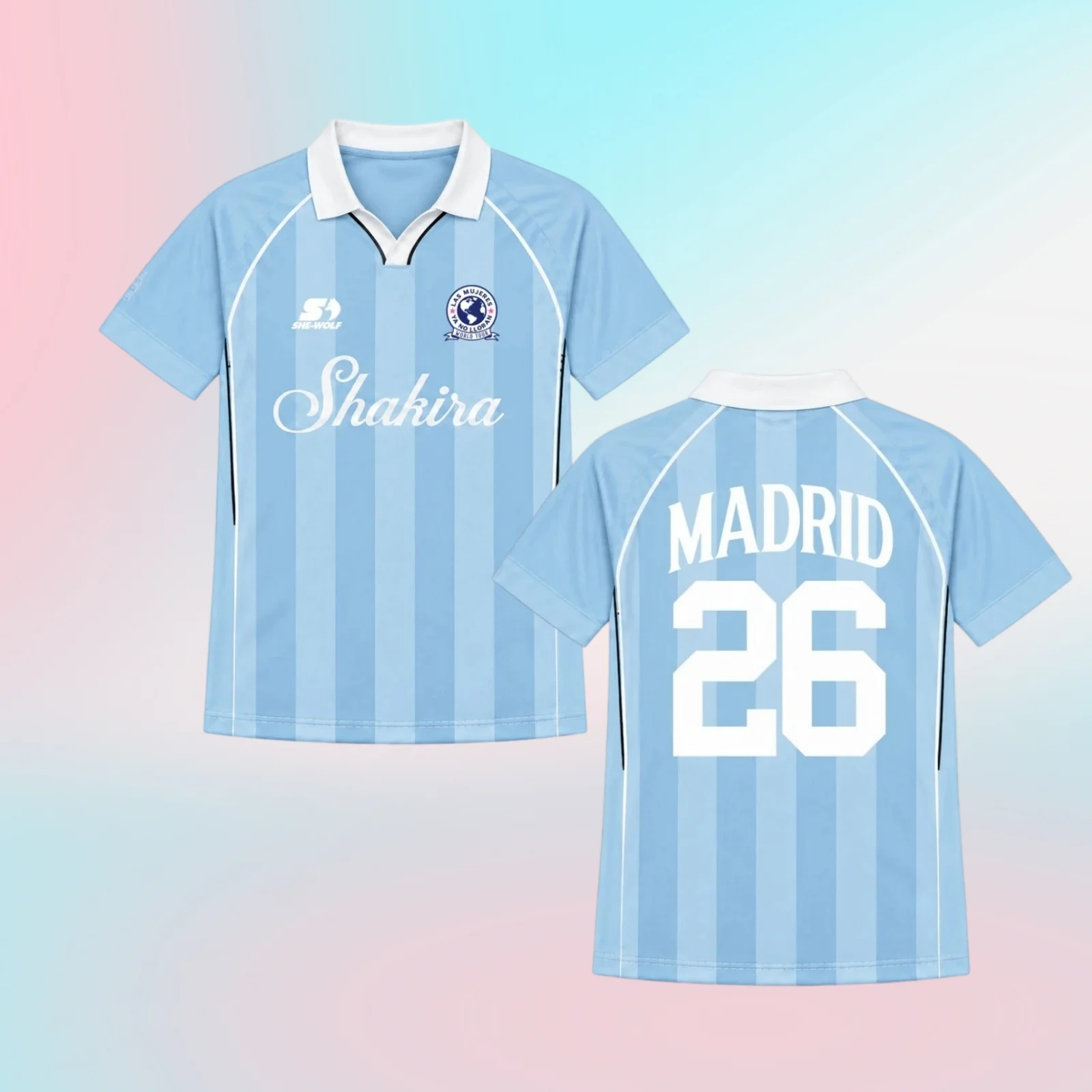 2026 Europe Shakira LMYNL Las Mujeres Ya No Lloran World Tour Madrid Spain Blue Soccer Jersey Family Unisex T-shirt Men Kids Y2K