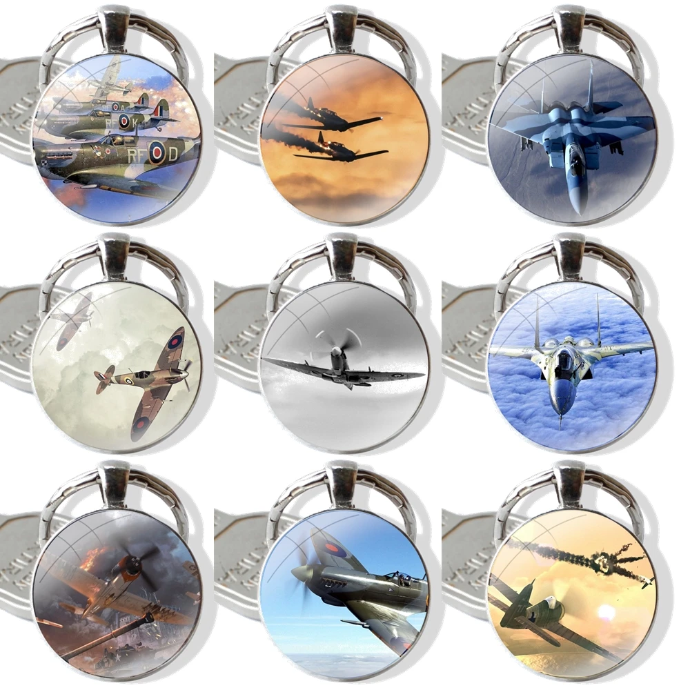 Spitfires Military Planes Keychain Handmade Glass Cabochon Key Ring Holder Pendant Key Chains