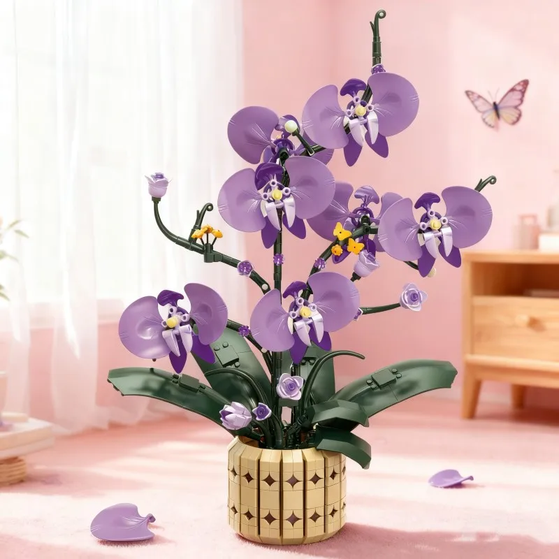 832PCS Moth Orchid Flower Building Blocks Preserved Flower Vase Bricks Home Decoration Children DIY Toys Romantic Holiday Gifts