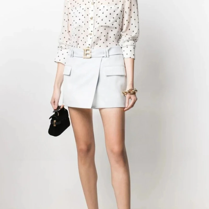 Women's Summer A-line Mini Skirt Solid Color Metal Buckle Casual Slim Fit All-match Short Skirt