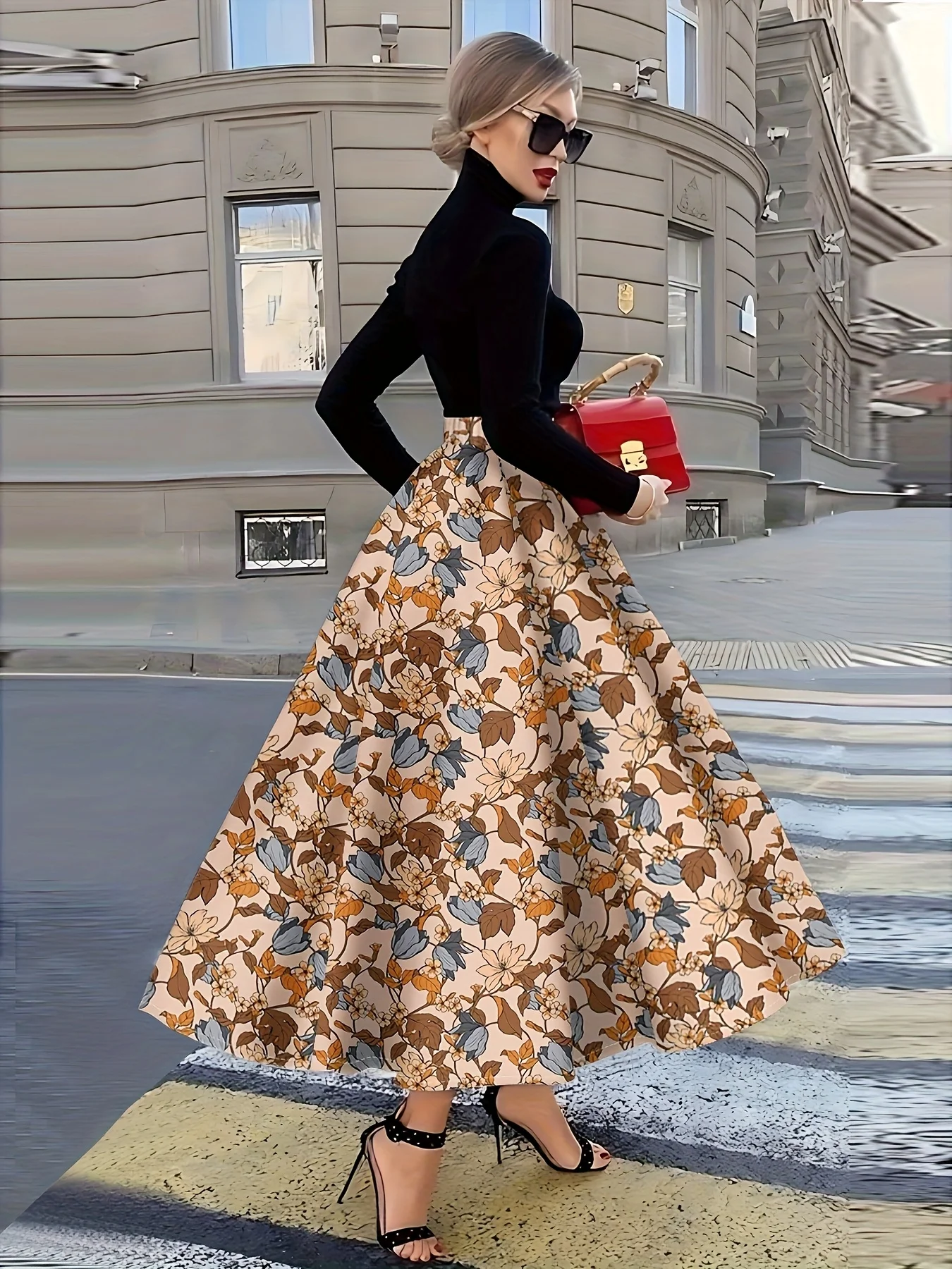 Printed Design Women's Beige Autumn Floral Leaf Print Elastic Waist A Line Midi Skirt