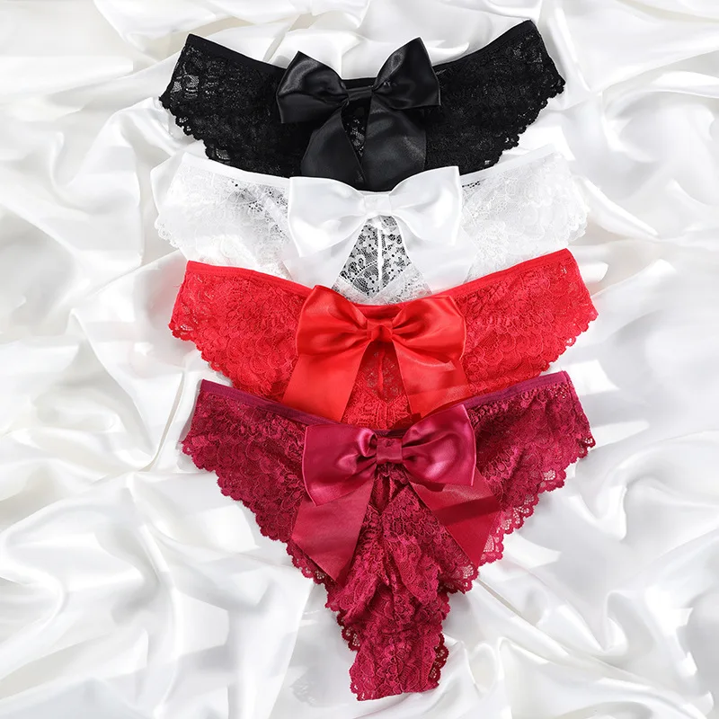 

Girls' underwear mid waist pure cotton crotch lace splicing women's Briefs lovely bow at the back