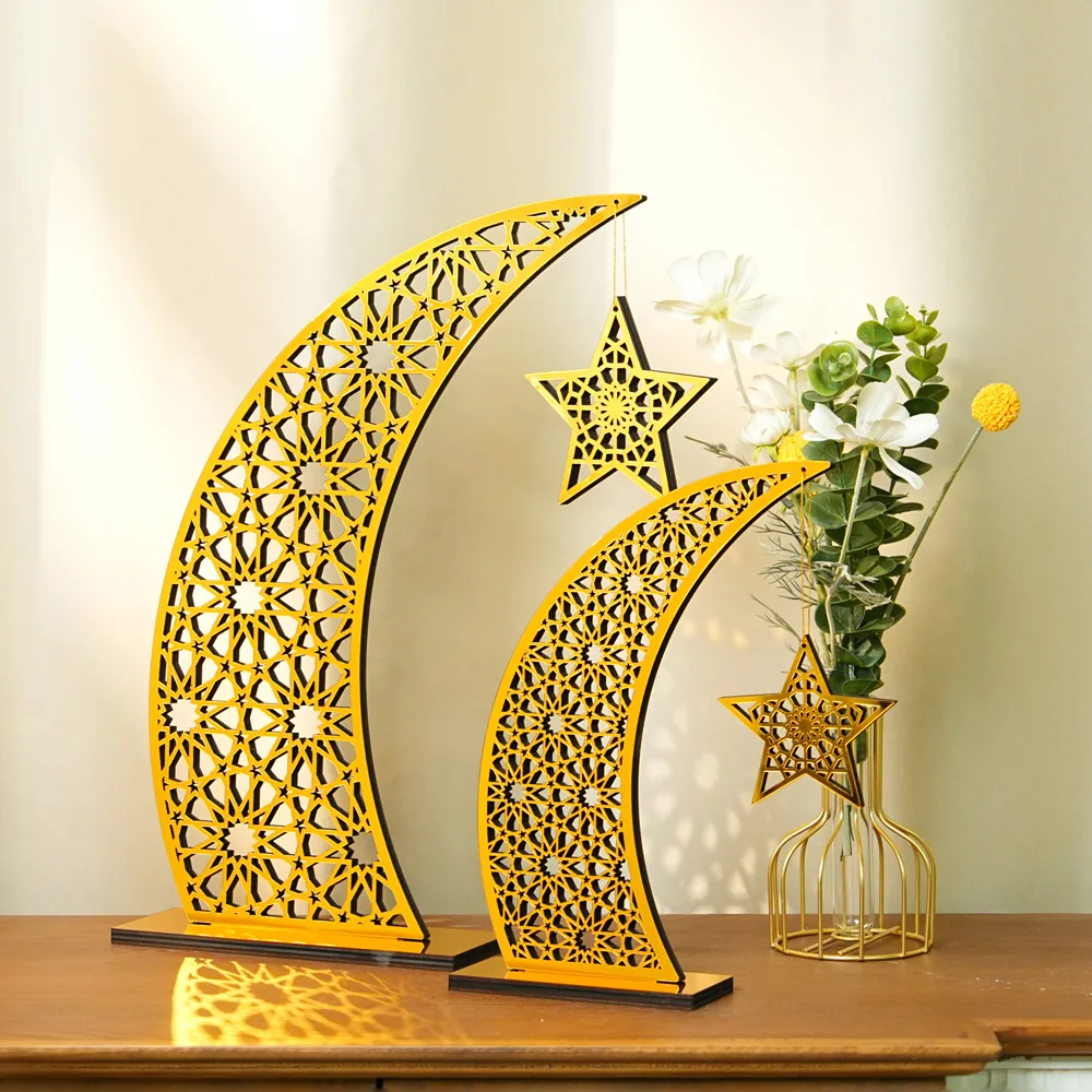 Wesiti 1 Pcs Ramadan Wooden Tabletop Sign Gold Crescent Moon Star Lamp Centerpiece Night Light For Eid Mubarak Home Decor
