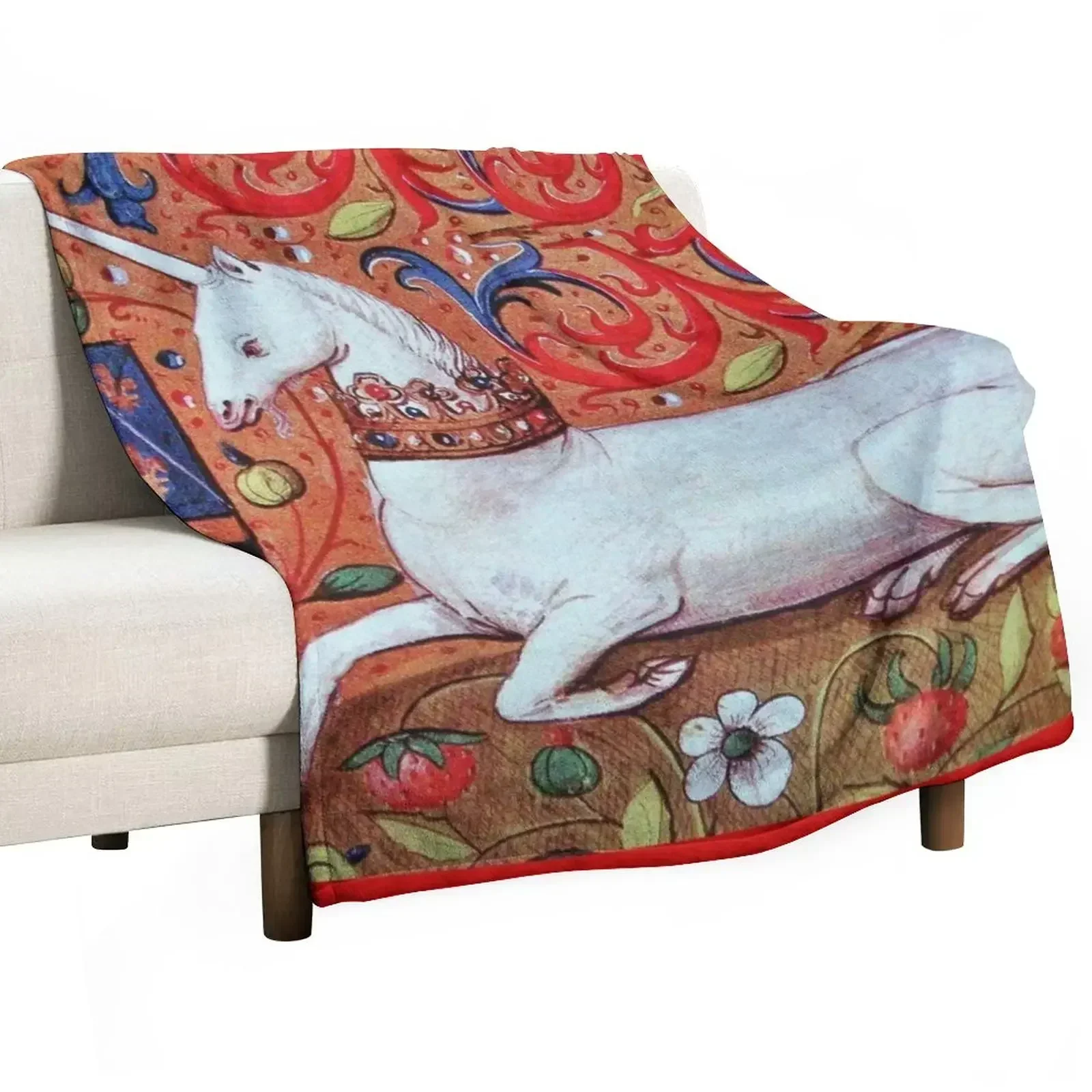 

UNICORN WITH RED BLUE WHITE FLORAL MOTIFS Medieval Miniature Throw Blanket blankets ands Bed linens wednesday Blankets