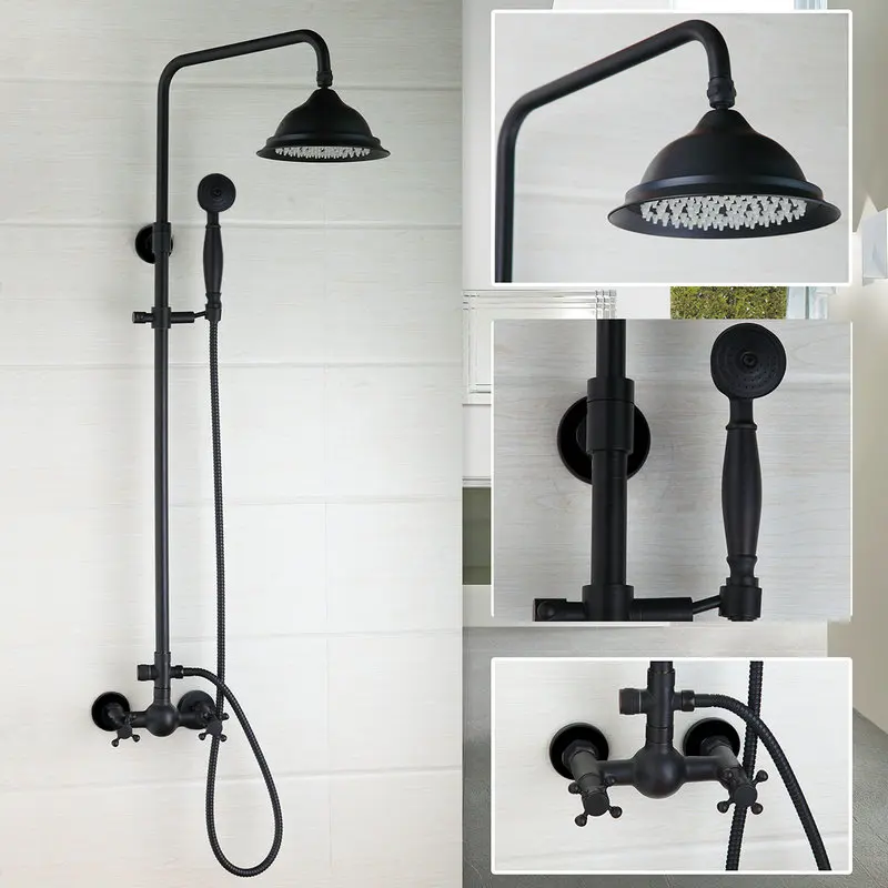 JIENI 8 Inch Rain Shower Head Black ORB Valve Hand Spray Hose Bathtub Basin Sink Shower Set Torneira Tap Mixer Faucet