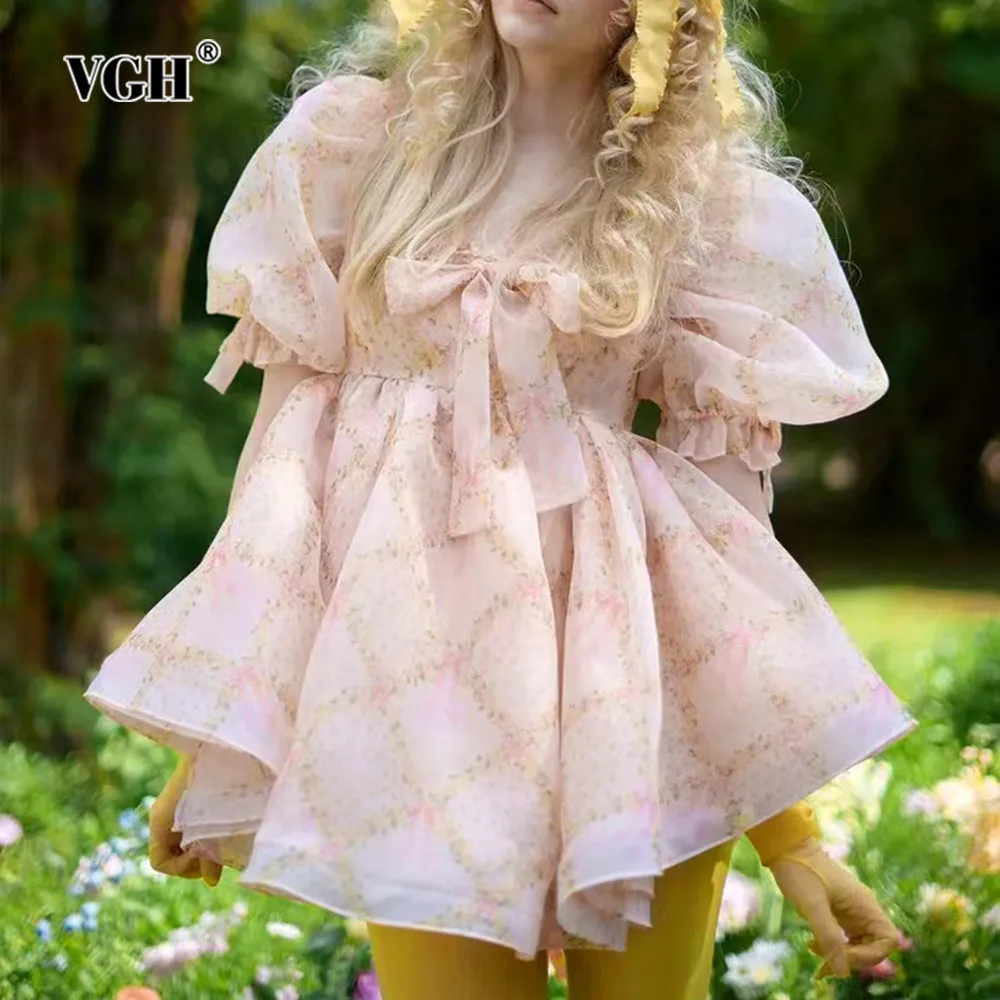 

VGH Solid Patchwork Bowknot Sweet Dress For Women Square Collar Puff Sleeve High Waist A Line Short Dresses Female Fashion New