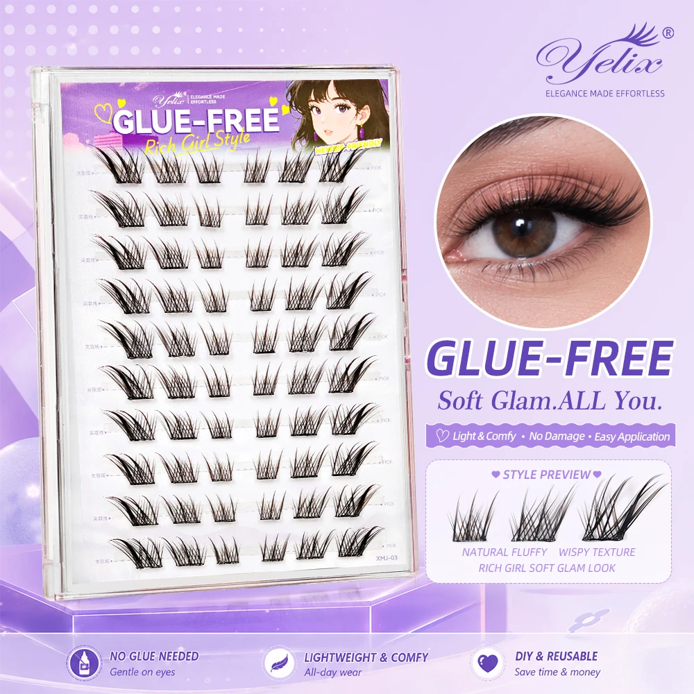 yelix Glue-Free Fox style Cluster Lashes No Glue Natural Fluffy Wispy Eyelashes Lightweight Long Lasting  DIY Lash Extensions