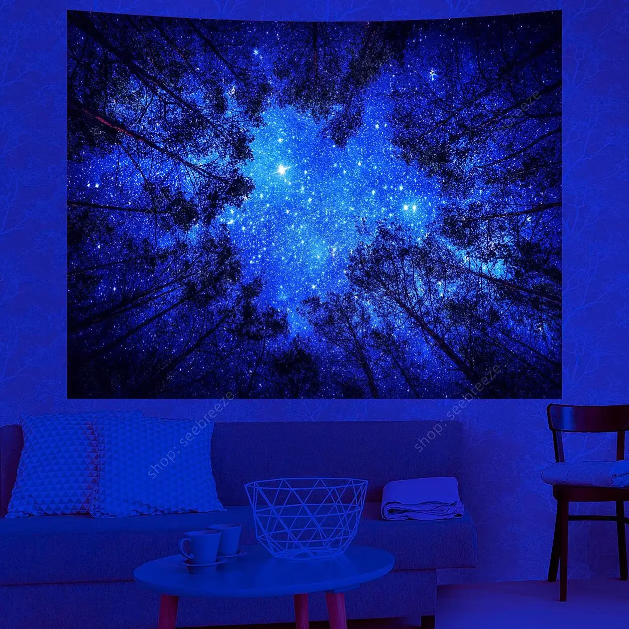 Starry Night Sky View From The Treetops UV Reactive Tapestry Psychedelic Art Mystic Hippie Room Decor Aesthetic Ceiling Decor