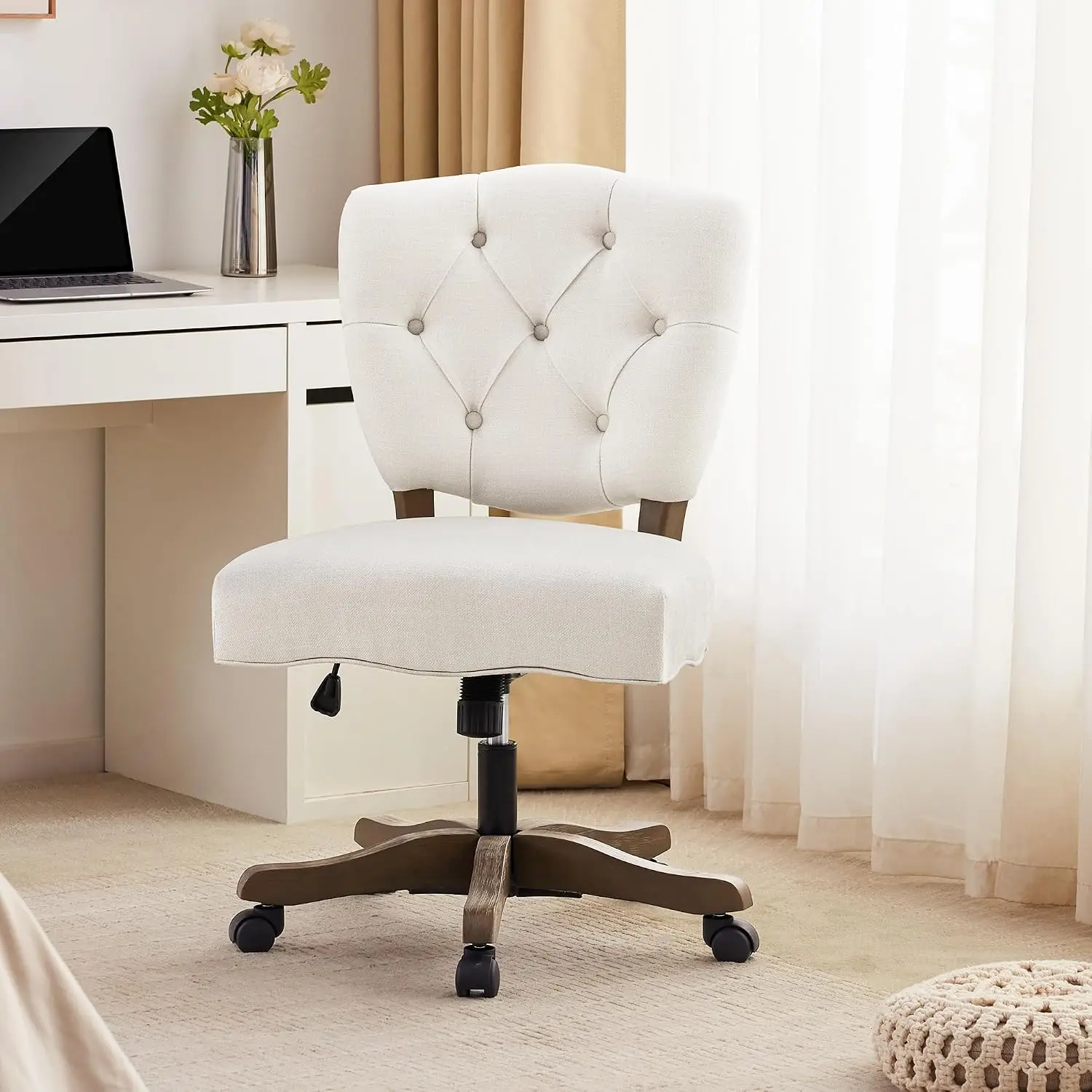 Chenille Tufted Swivel Desk Chair Adjustable Height Wheels Wooden Legs Armless Home Office Study, Customized
