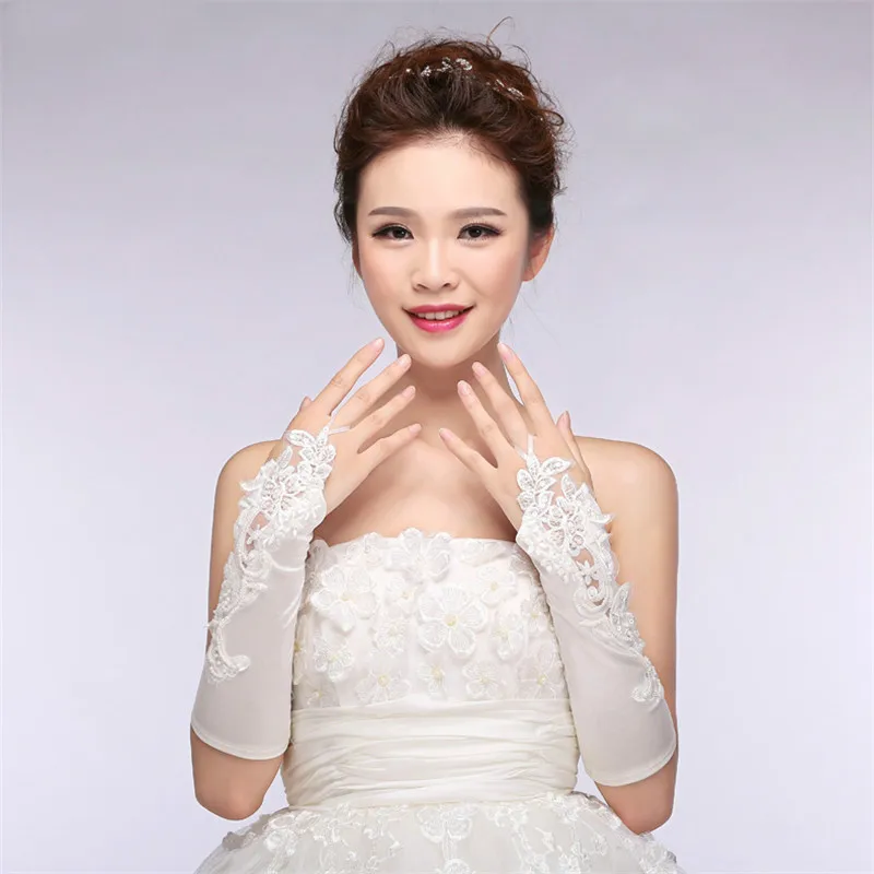 In Stock Appliques Beading Wedding Glove Gants Mariage Woman Lace White Fingerless New Bride Gloves 2019