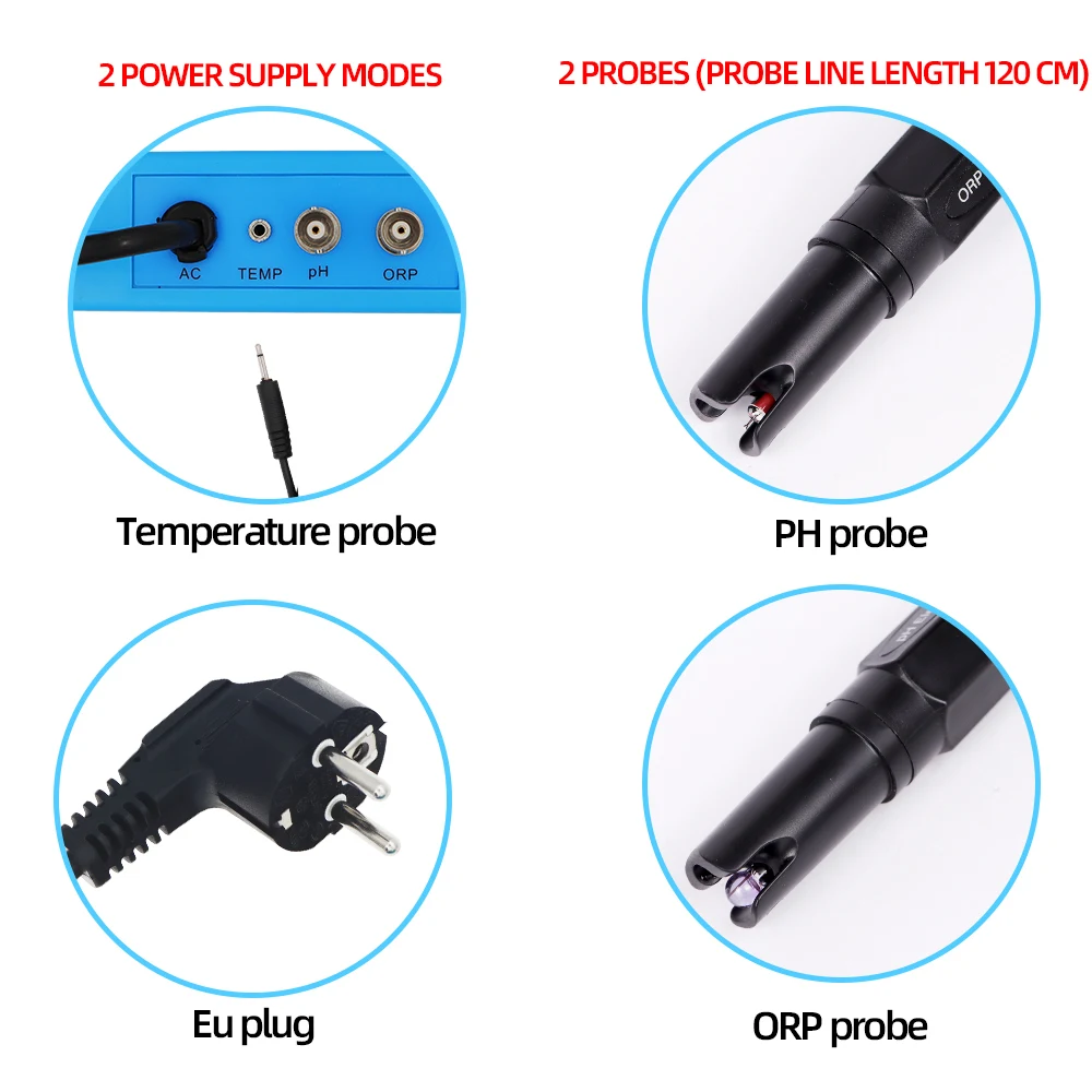 Controlador de medidor de temperatura de PH ORP 3 en 1, Detector de PH-2839, sonda tipo BNC, probador de calidad del agua para piscinas de acuario