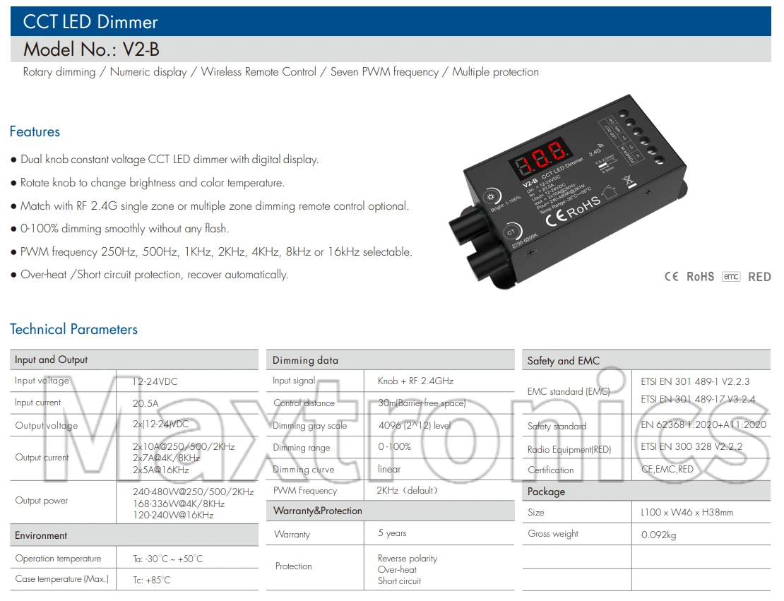 Skydance V1-B Single Color V2-B CCT DC12-24V Dual Knob CV LED Dimmer Brightness 30M With Digital Display RF2.4G for LED Strip