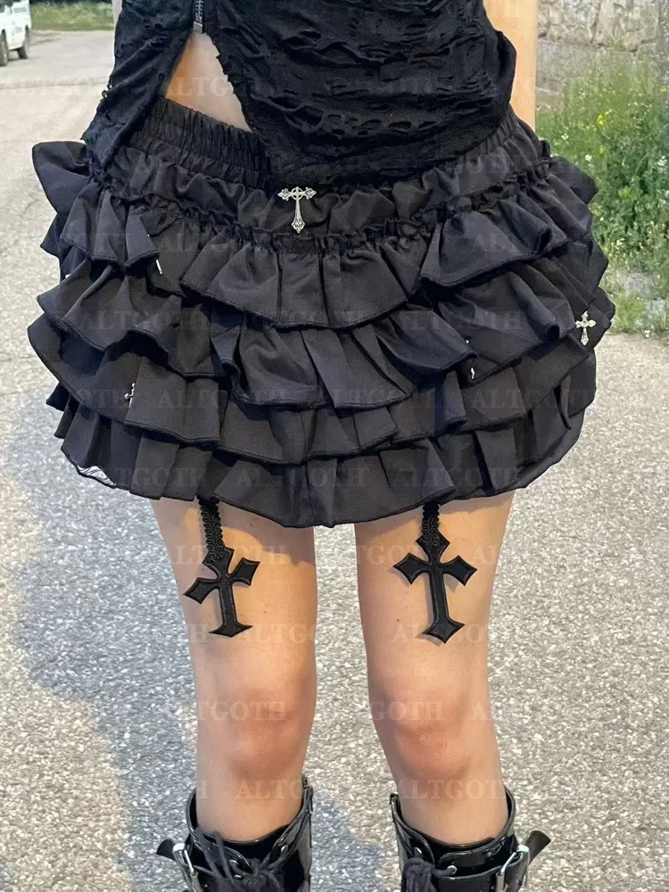 AltGoth Hotsweet Kawaii Gothic Cake Shorts Skirt Women Dark Cyber Punk Harajuku Grunge Y2k E-girl Cross Patchwork Shorts Female