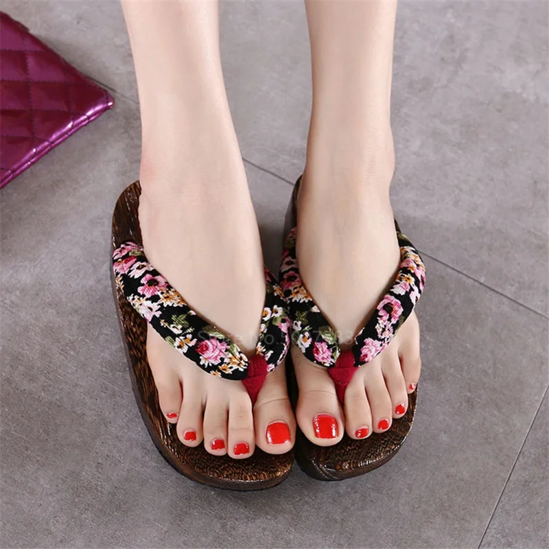 Frau orientalisch asiatisch japanisch traditionell geta Clogs Blumen Holz flache Sandalen Kimono Yukata Flip Flops Anime Cosplay Hausschuhe