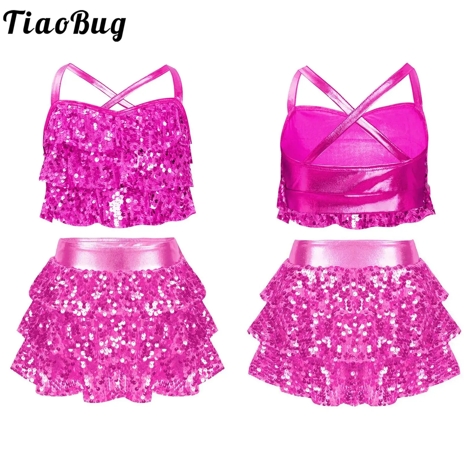 Kids Girls Jazz Tap Dance Outfit Performance Glittery Sequins Tiered Ruffles Crop Top with Culottes Latin Modern Dance Costumes
