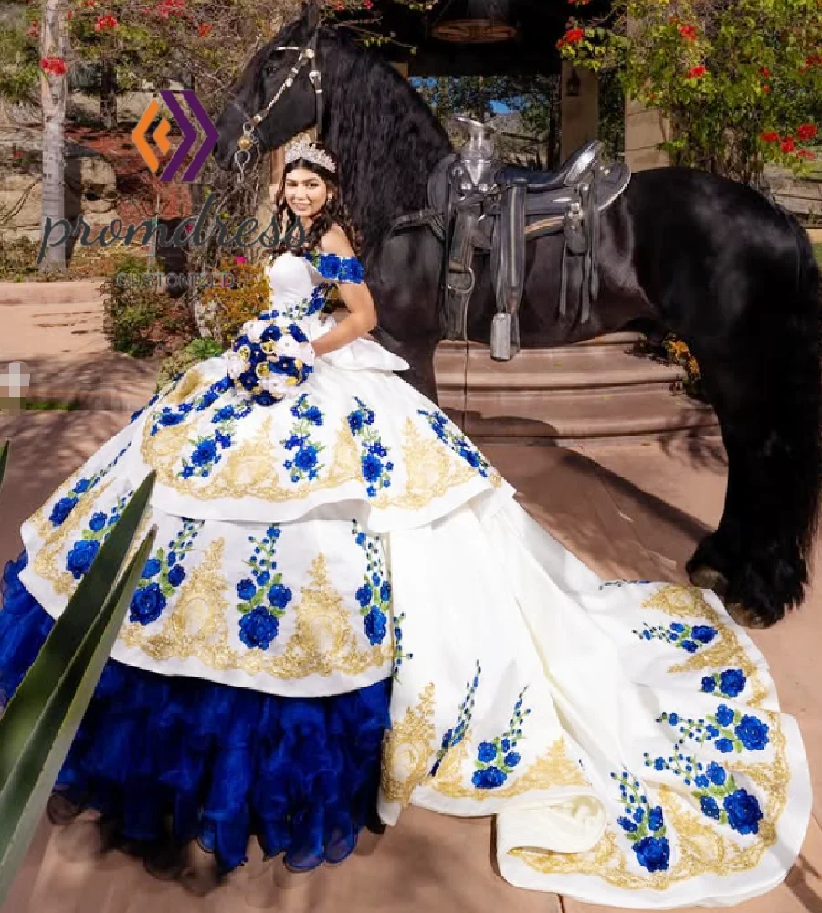 

Fairytale Blue Charro Vestidos De 15 Quinceañera Masquerade Rose Florals Lace Sweet 16 Dress Luxury Organza Ruffles Customized