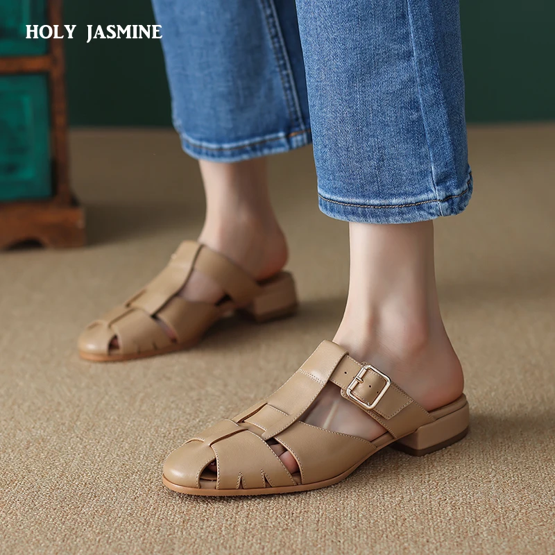 

2023 Summer Genuine Leather Low Heel with Open Toes Sandals Slippers Women's Slippers Retro Simple and Versatile Mules Slippers