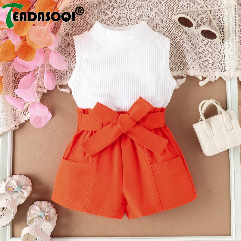 

Kids Girls 2024 Summer New Clothes Suit Ribbed Pit Turtleneck Tank Shirt Top+Short Skirt With Bow Belt Children Casual Set 6M-4Y