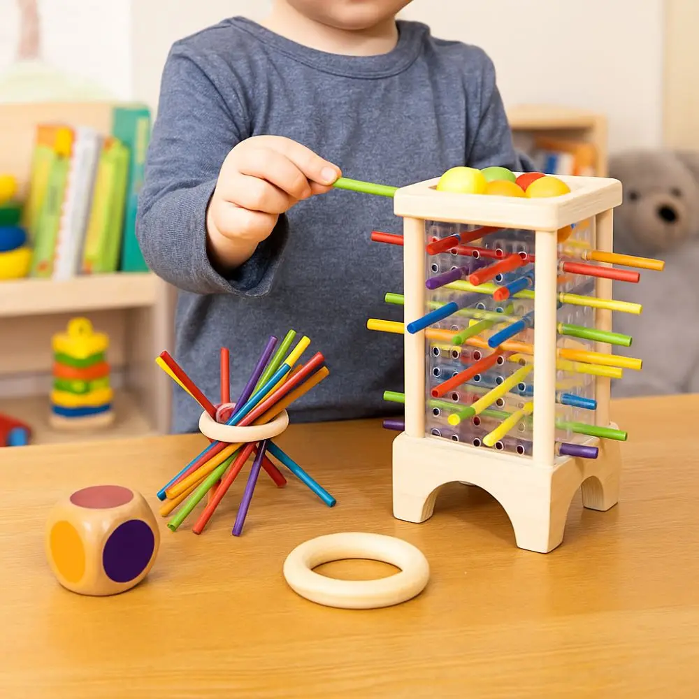 4-stronne drewniane gry planszowe z kolorowymi patyczkami, zabawki edukacyjne, gra Montessori z wpuszczaniem kulek, klasyczna gra rozwijająca motorykę małą