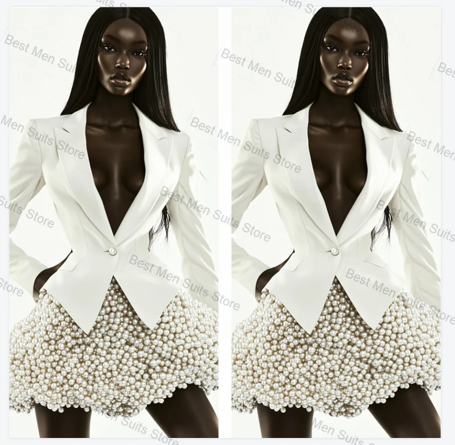 White Women Suit Set 2 Pcs Blazer+Prom Dress Luxury Pearls Formal Office Jacket Customized Wedding Guest Coat(No Back Pearls)