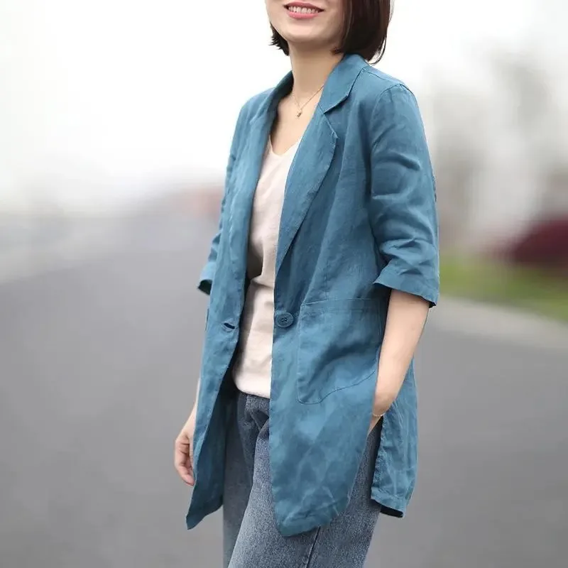 

Linen Women's Jacket Thin Summer New Style Mid-Length Loose Slimming Casual Top Button-Up Coat Nylon Fabric Commute Style