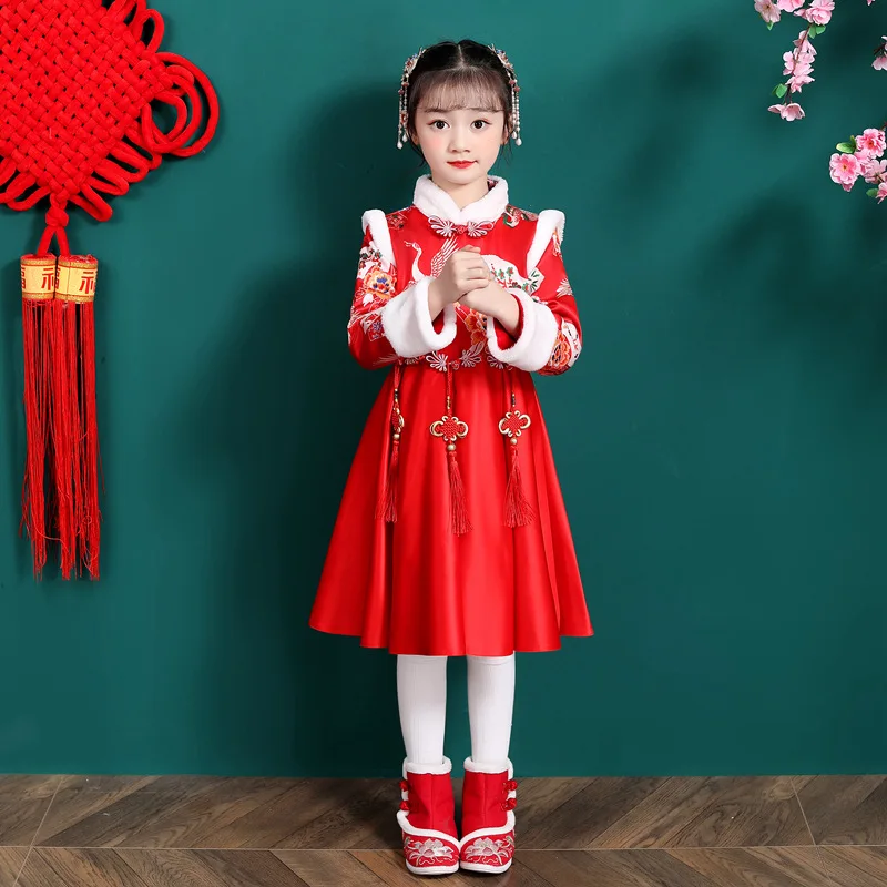 

Girls Hanfu Thick Warm Crane and Flower Print Ancient Oriental Clothes New Year Gift Red Dress Kids Chinese Traditional Costume