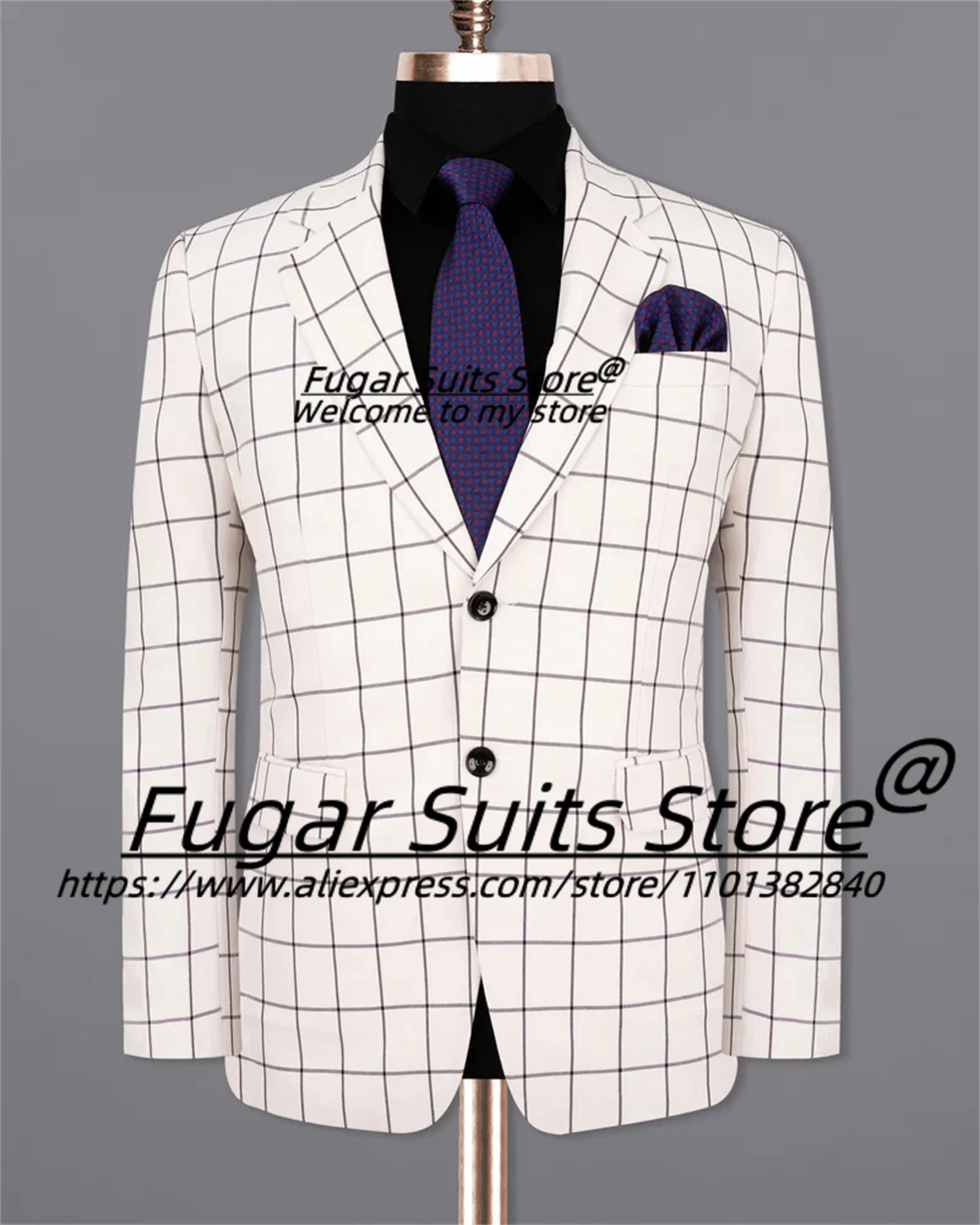 

White Plaid Formal Men Suits Slim Fit Notched Lapel Groom Prom Tuxedos 3 Pieces Sets Business Male Blazers trajes para hombre