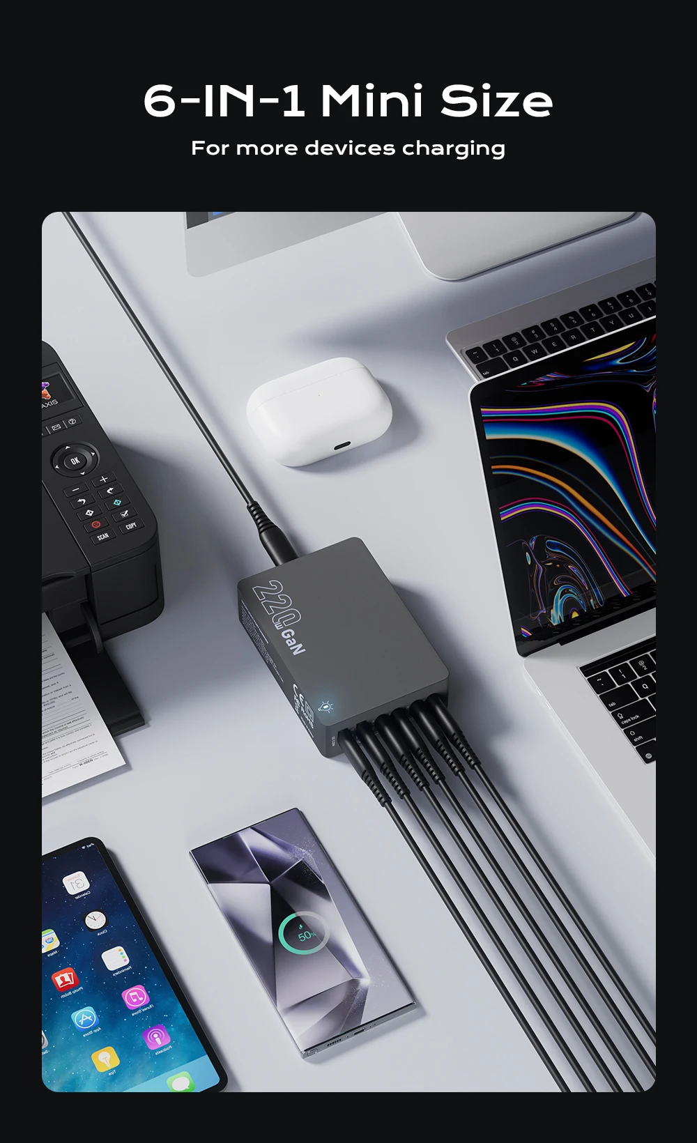 220W GaN Desktop-Ladegerät mit 6 Anschlüssen, PD 100W USB Typ C QC 3.0 Schnellladestation für iPhone 17 Pro, Tablet, MacBook, Samsung Laptop – Detail 6