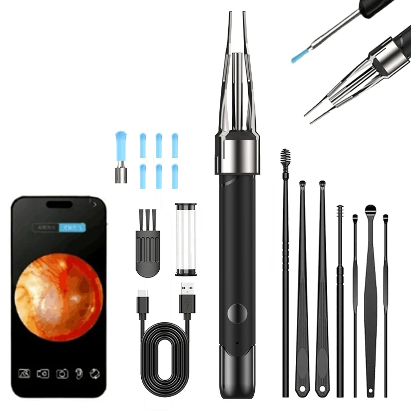 Nettoyeur d'oreilles sans fil avec caméra, cuillères et pinces pour les oreilles, connexion Wi-Fi, étanche, rechargeable, outil d'élimination du cérumen