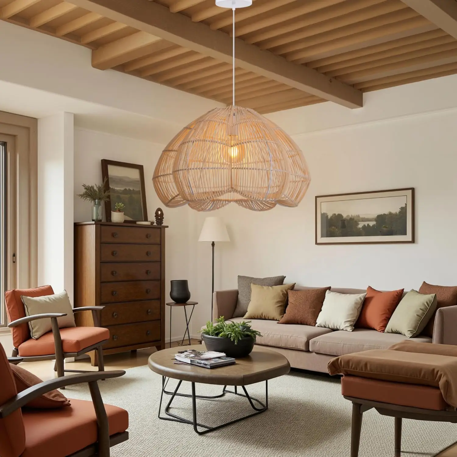 JOYINLED Rattan Pendant Light Fixture Adjustable Handwoven Farmhouse Boho Chandelier Lighting for Kitchen Dining Living Room