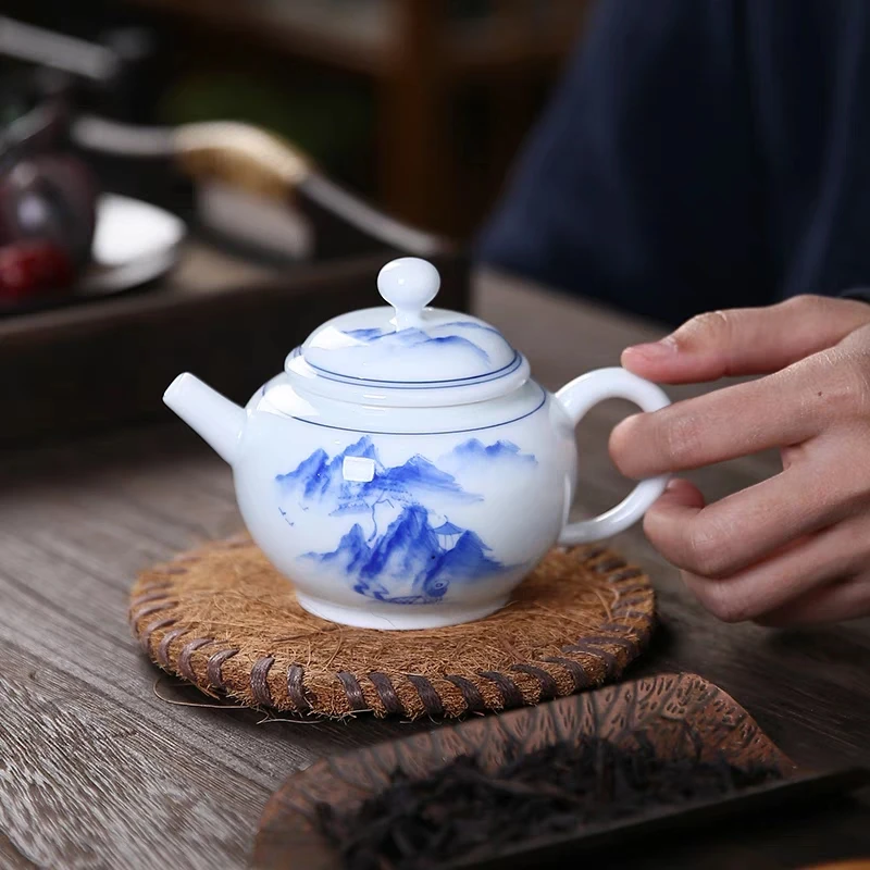 Chinese Jingdezhen Vintage Porcelain Ceramic Infuser Teapot with Strainer, Jasmine Oolong Flower, Te Guan Yin Tea Ceremony